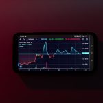 a cell phone displaying a stock chart on a red background