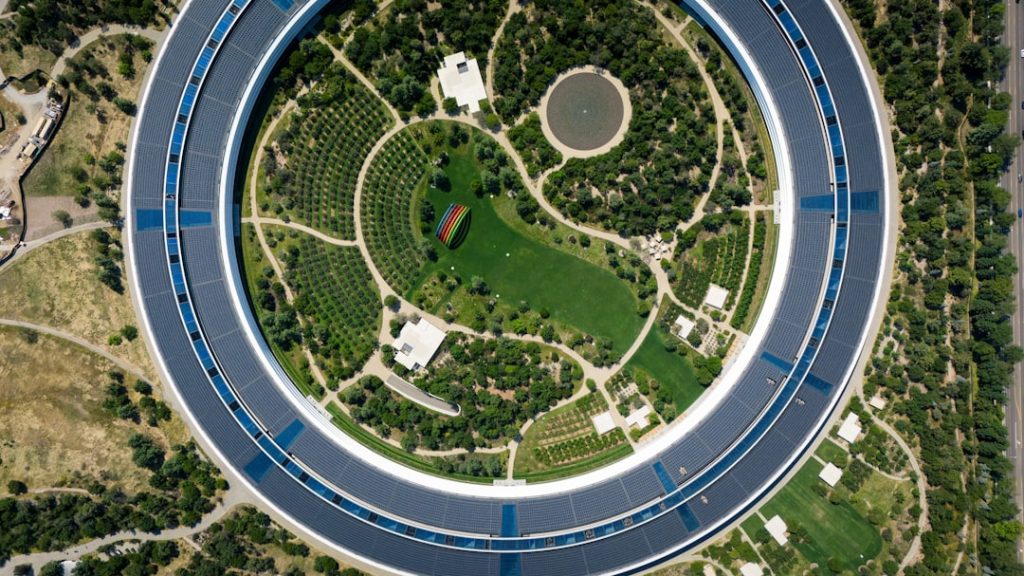An aerial view of a circular road in a park