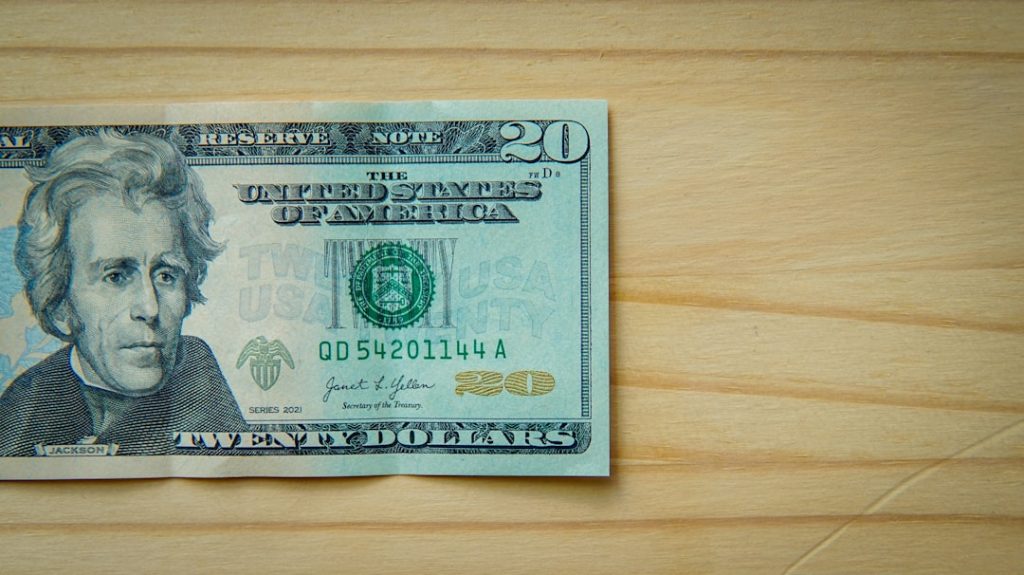 A twenty-dollar bill rests on a light wooden surface.